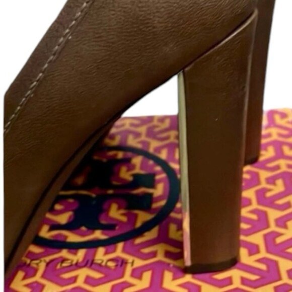 Tory Burch Peep Toe Quentin Landed Capra Fig Brown Leather Heels Size 8.5 - Picture 10 of 12